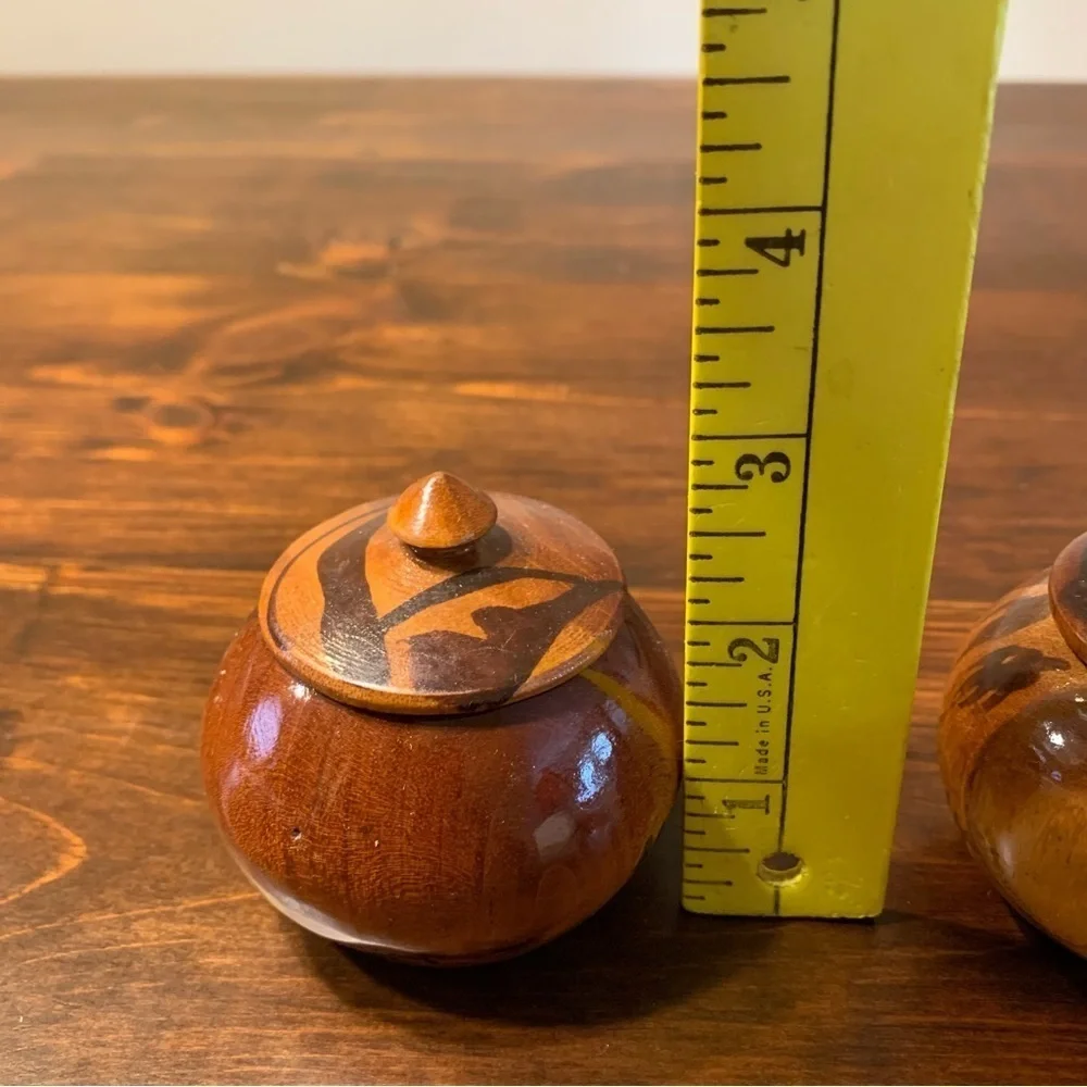 (2) Decorative Hand Carved Turned Wood Bowls with Finial Knob Lids from Haiti
